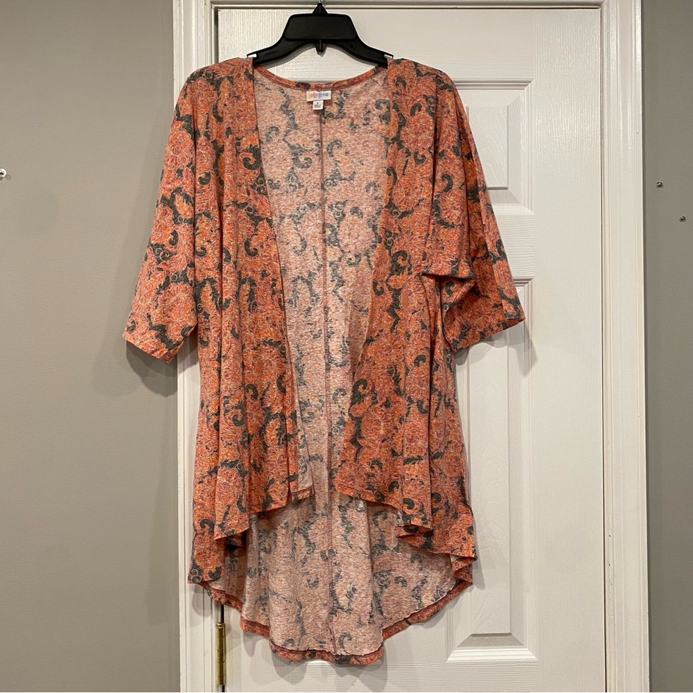 LuLaRoe Floral Paisley Kimono Beach Coverup Pink Orange Gray Small Oversized